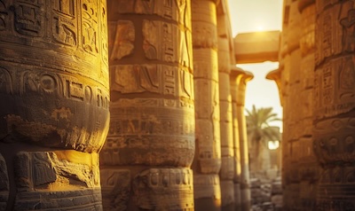 Die Tempelsaeulen von Karnak in Luxor im Abendlicht